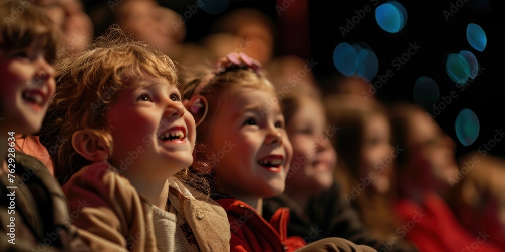 Group of Children Watching Live Theater Performance, Excited Kids on Educational Field Trip, Happy Boys and Girls Engaged in Cultural Experience, Young Audience at Playhouse