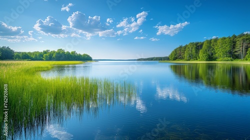 Clear blue skies reflect on calm lake by a vibrant, verdant shoreline