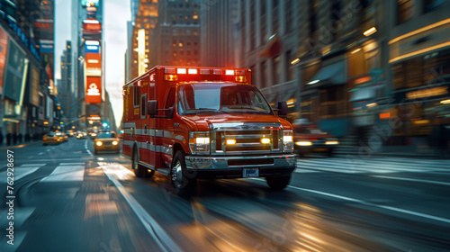 Blurred motion of an ambulance rushes through city streets on an emergency call