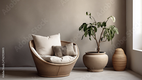 Modern minimalist living room with stylish armchair  potted plant  and decorative vase on a warm  neutral background