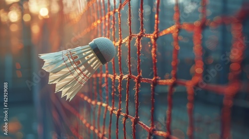 Selective focus on the tipping shuttlecock ensnared by a crimson badminton net