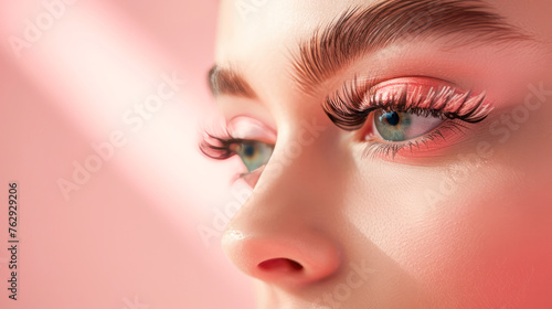 Female Eye with Extreme Long False Eyelashes. Eyelash Extensions. Makeup, Cosmetics, Beauty. Close up.Generative AI