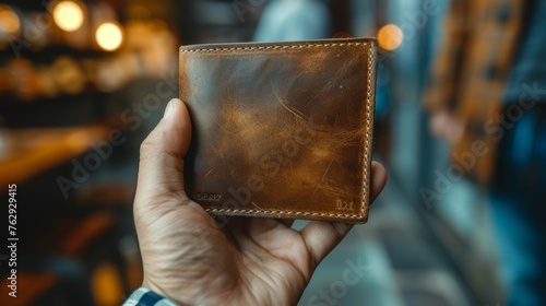 Empty brown leather wallet held in hand with plaid sleeve, signifying financial distress