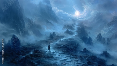 A winding path leads through a misty mountain range with a lone figure walking towards a bright glowing light at the end. The image symbolizes the journey towards inner truth