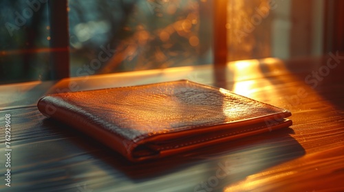 Sunlit setting enhances the stark emptiness of a leather wallet, a personal economic downturn photo