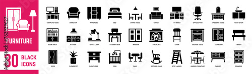 Furniture solid icons set. Furniture, kitchen, bedroom, office, chair, table, shelving, living room, ladder and lamps. Vector illustration