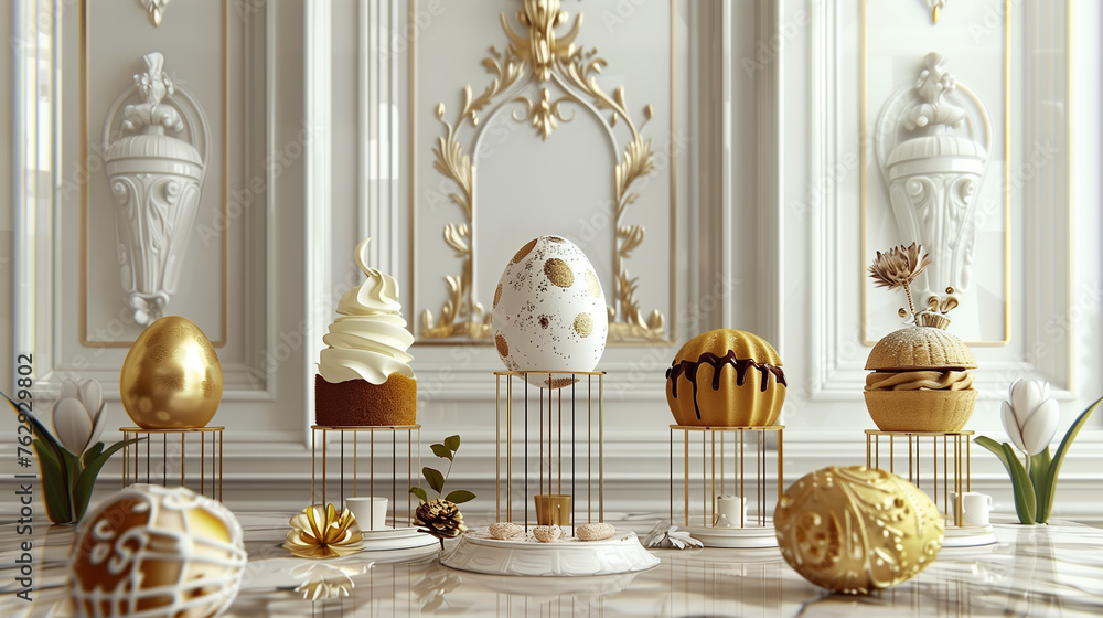 3d invitation with golden easter on white background. eggs with Easter cakes. Set of abstract posters. 3d invitation with golden easter on white background. eggs with Easter cakes. Set of abstract posters.