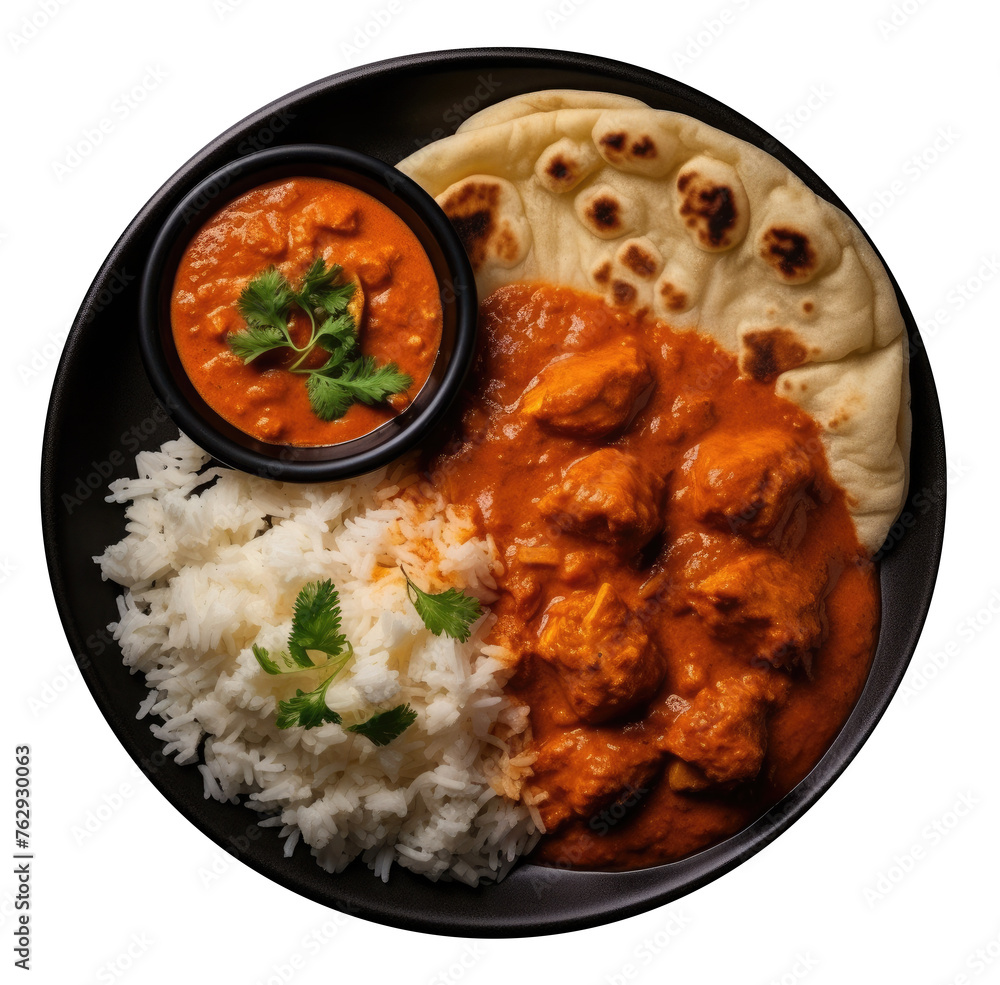 Chicken meat with tikka masala sauce, spicy curry food in a bowl with rice and seasonings, top view , tasty restaurant menu. isolated on a transparent background. PNG, cutout, or clipping path. Chicken meat with tikka masala sauce, spicy curry food in a bowl with rice and seasonings, top view , tasty restaurant menu. isolated on a transparent background. PNG, cutout, or clipping path.
