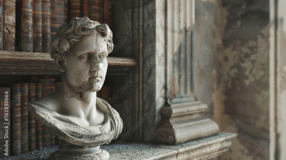 A closeup of a cracked marble bust its facial features weathered but still dignified sitting on a pedestal in the corner of a grand old library.