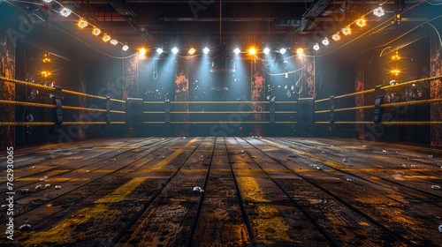 Boxing ring lies empty, lights poised above to spotlight the ensuing battle