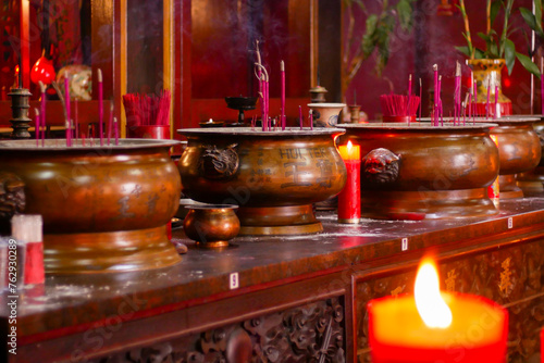 incense sticks for worship in a monastery in Jakarta s Chinatown area. translations  King Guangze  god of family welfare