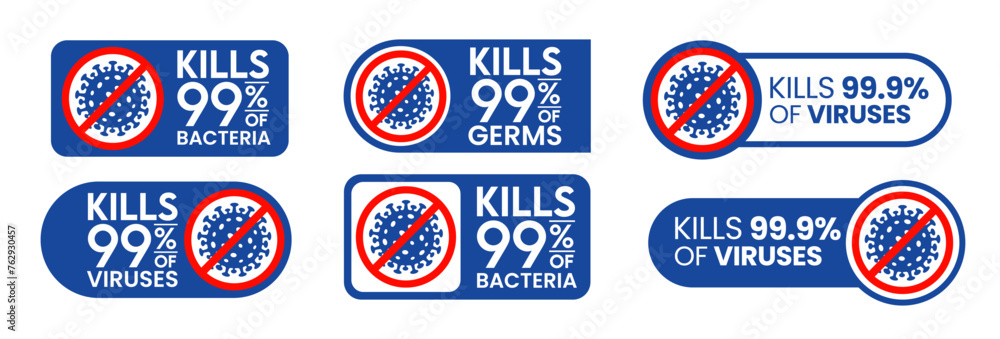 Naklejka premium Kills 99.9% bacteria, germs and viruses . Antibacterial and antiviral defence, protection infection. Vector Illustration
