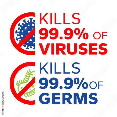Kills 99.9% bacteria, germs and viruses . Antibacterial and antiviral defence, protection infection. Vector Illustration