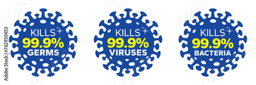 Kills 99.9% bacteria, germs and viruses . Antibacterial and antiviral defence, protection infection. Vector Illustration