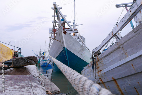 Phinisi (traditional Indonesian sailing ship) docked at the Sunda Kelapa harbor in Jakarta