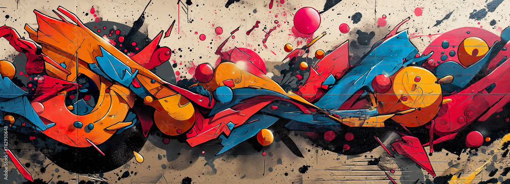 Volumetric Graffiti On The Wall. Illustration On The Theme Of Comics And Graffiti, Drawing And Color. Generative AI	
