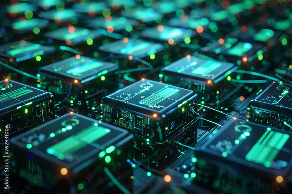 Fototapeta premium A grid of rectangular batteries electrons of power and innovation to futuristic