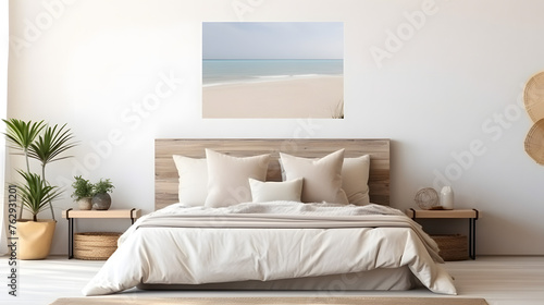 Mockup frame in bedroom interior background, room in light pastel colors