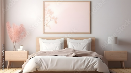 Mockup frame in bedroom interior background  room in light pastel colors