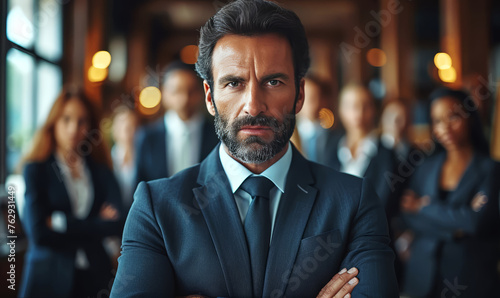 Portrait of confident mature businessman with arms crossed looking at camera in office. photo