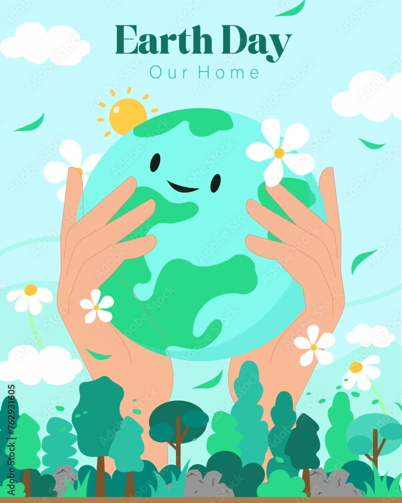 Naklejka premium Happy earth day, Hands holding cute earth for prints, flyers, covers, banners design. Eco concepts. Vector illustration