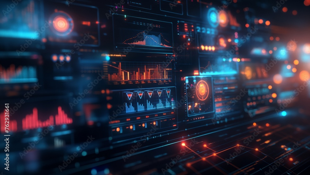 Futuristic user interface with complex data analysis, concept of advanced technology and information analysis Futuristic user interface with complex data analysis, concept of advanced technology and information analysis
