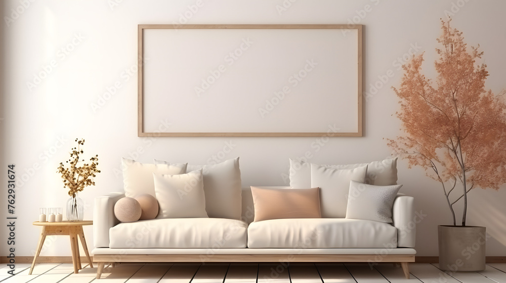 Fototapeta premium Mockup frame in farmhouse living room interior, no text