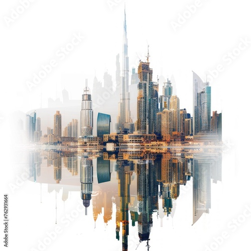 Cityscape of Dubai, United Arab Emirates. Modern city with skyscrapers and blue sky. Concept of a modern metropolis, business and travel. Urban landscape with high-rise buildings.