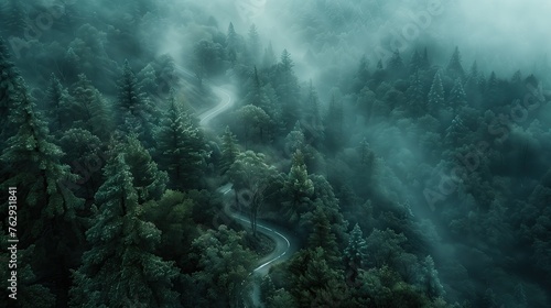 Misty Forest Road  forest  mist  road  winding  evergreen  tranquil  dense  nature  trees  ethereal  mystery  green  serene  pathway  misty  drive  fog  aerial  view  landscape  wilderness  canopy