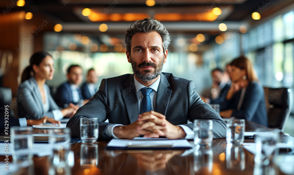 Portrait of confident businessman sitting at table in conference room during meeting.