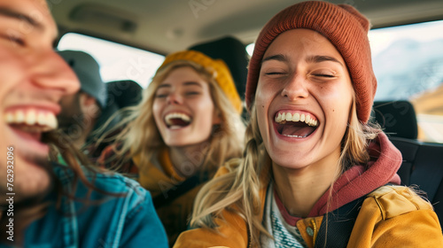 Group of Friends Laughter in a Car on a Road Trip. © vlntn