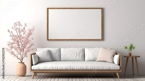 Mockup frame in Scandinavian living room interior background, 3d render