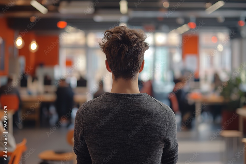 Man viewed from behind looking at busy office space, Concept of leadership, career planning, and corporate environment Man viewed from behind looking at busy office space, Concept of leadership, career planning, and corporate environment