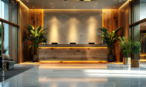 Interior of modern hotel lobby with wooden reception desk.