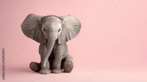 Photo portrait of a sitting funny little elephant with big ears on a soft pink background, a place for text