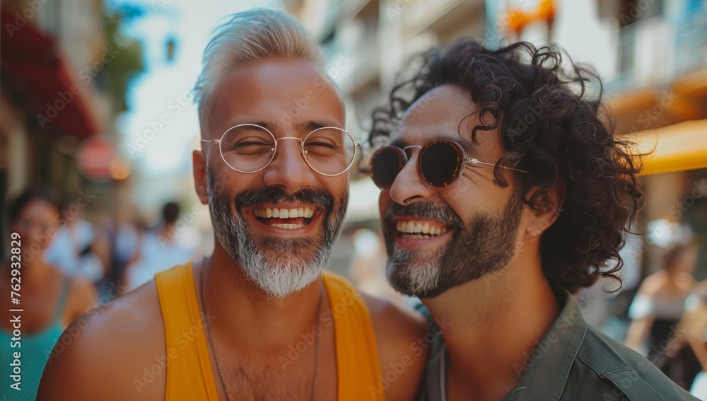 Two joyful men with trendy sunglasses sharing a friendly embrace on a lively street, concept of friendship and modern lifestyle Two joyful men with trendy sunglasses sharing a friendly embrace on a lively street, concept of friendship and modern lifestyle
