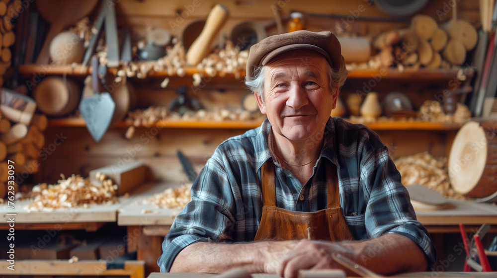 Woodworker with a Proud Smile in His Traditional Workshop. Woodworker with a Proud Smile in His Traditional Workshop.