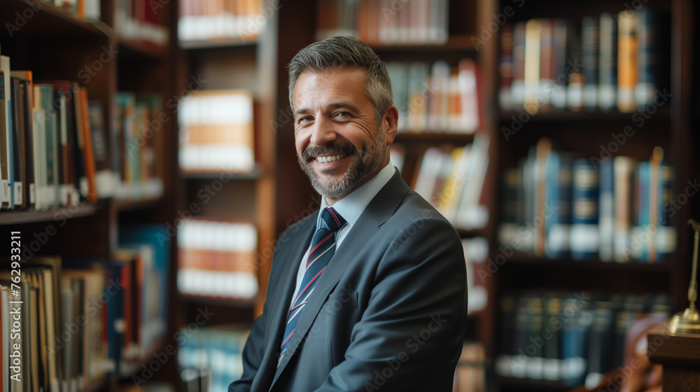 Lawyer posing confidently in a library setting. Lawyer posing confidently in a library setting.