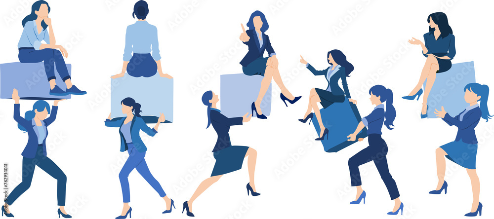 荷物を持ち上げる女性と荷物の上に乗る女性のイラスト 荷物を持ち上げる女性と荷物の上に乗る女性のイラスト