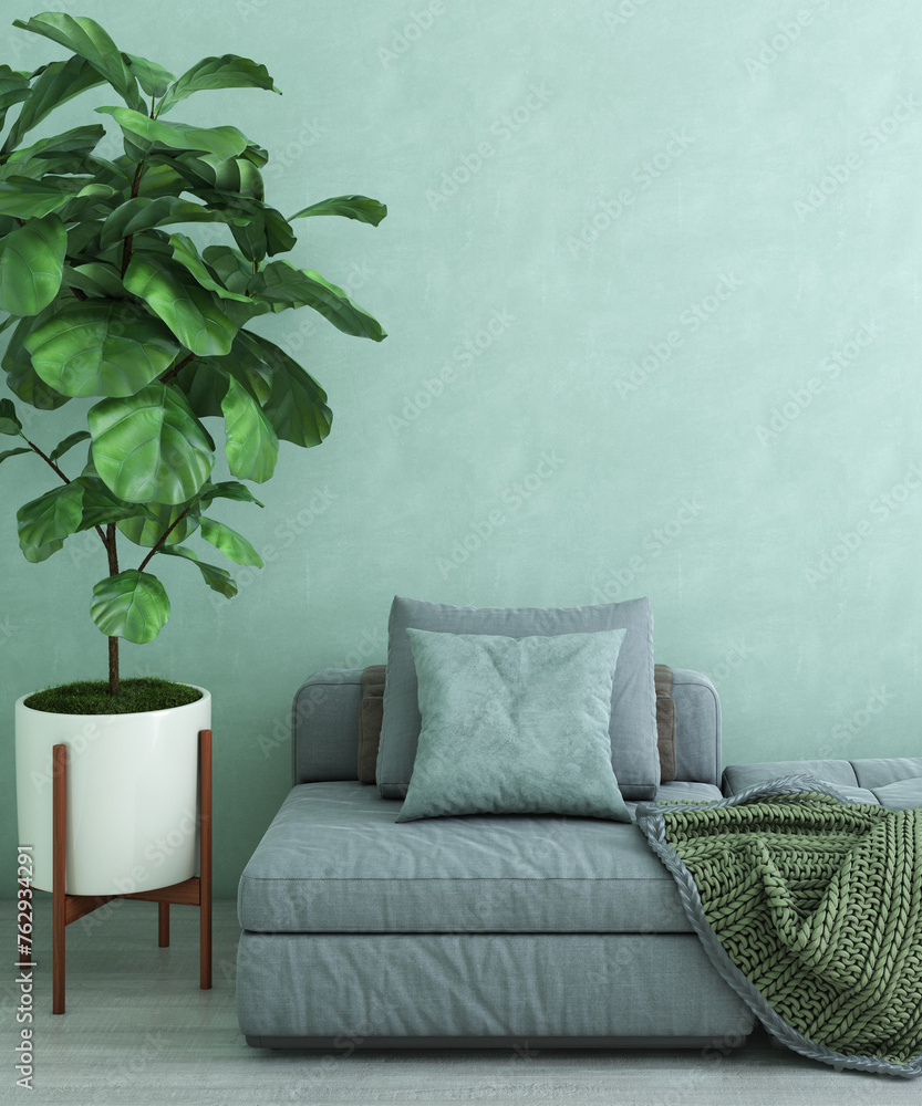 Modern living room and decor with mint green sofa, stylish and modern blue and green room, minimal concept, a pot of plant and armchair in cozy home decor, 3D rendering Modern living room and decor with mint green sofa, stylish and modern blue and green room, minimal concept, a pot of plant and armchair in cozy home decor, 3D rendering