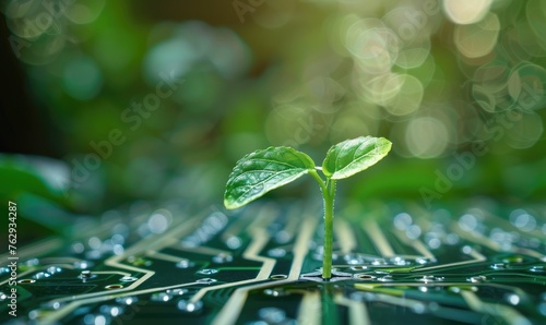 Green leaves sprout from a circuit board
