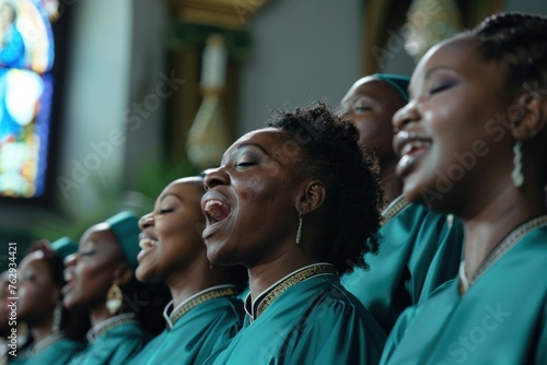 A Diverse Group of Female Church Choir Members Singing Joyful Songs of Faith and Harmony in Traditional Green Robes, Surrounded by the Stunning Stained Glass Windows of a Historic Church photo