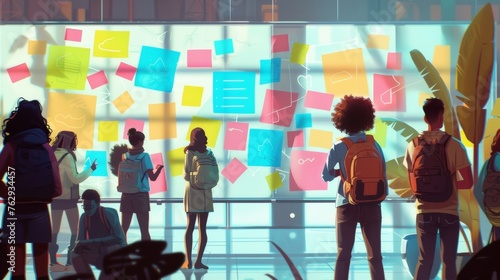 A group of students in a brainstorming session with sticky notes and diagrams covering a large whiteboard.