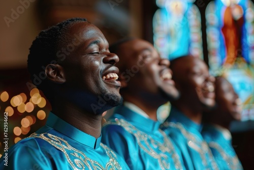 African American Gospel Church Choir Men Singing Joyfully with Passion and Spirituality, Traditional Spiritual Music Performance, Christian Worship Service, Diverse Religious Community Celebration photo