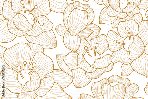 Golden tropical leaf line art wallpaper background vector. Natural monstera and banana leaves pattern design in minimalist linear. 