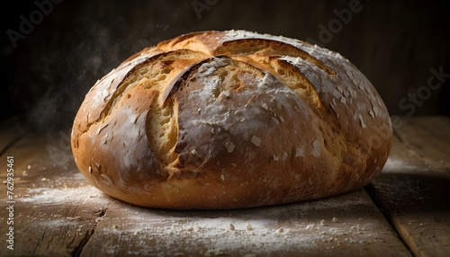 A rustic loaf of freshly baked bread, still warm from the oven and dusted with flour --ar 3:2 --v 4