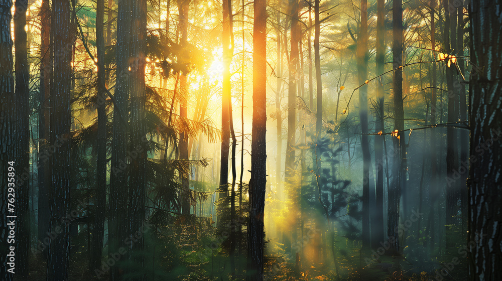 Obraz premium Sunset Through the Trees in a Green Forest.