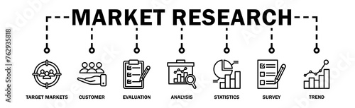 Market research banner web icon vector illustration concept with icon of target markets  customer  evaluation  analysis  statistics  survey and trend