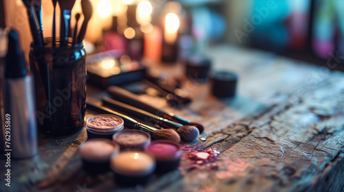 Beauty Industry Background: Makeup Brushes and Cosmetics.
