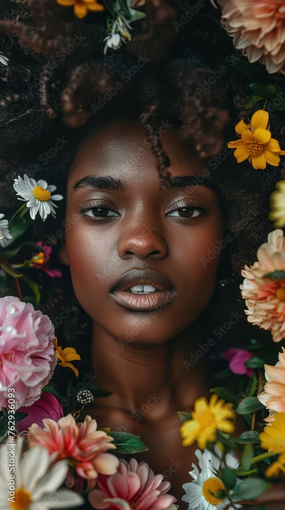 beautiful african american woman surrounded by flowers